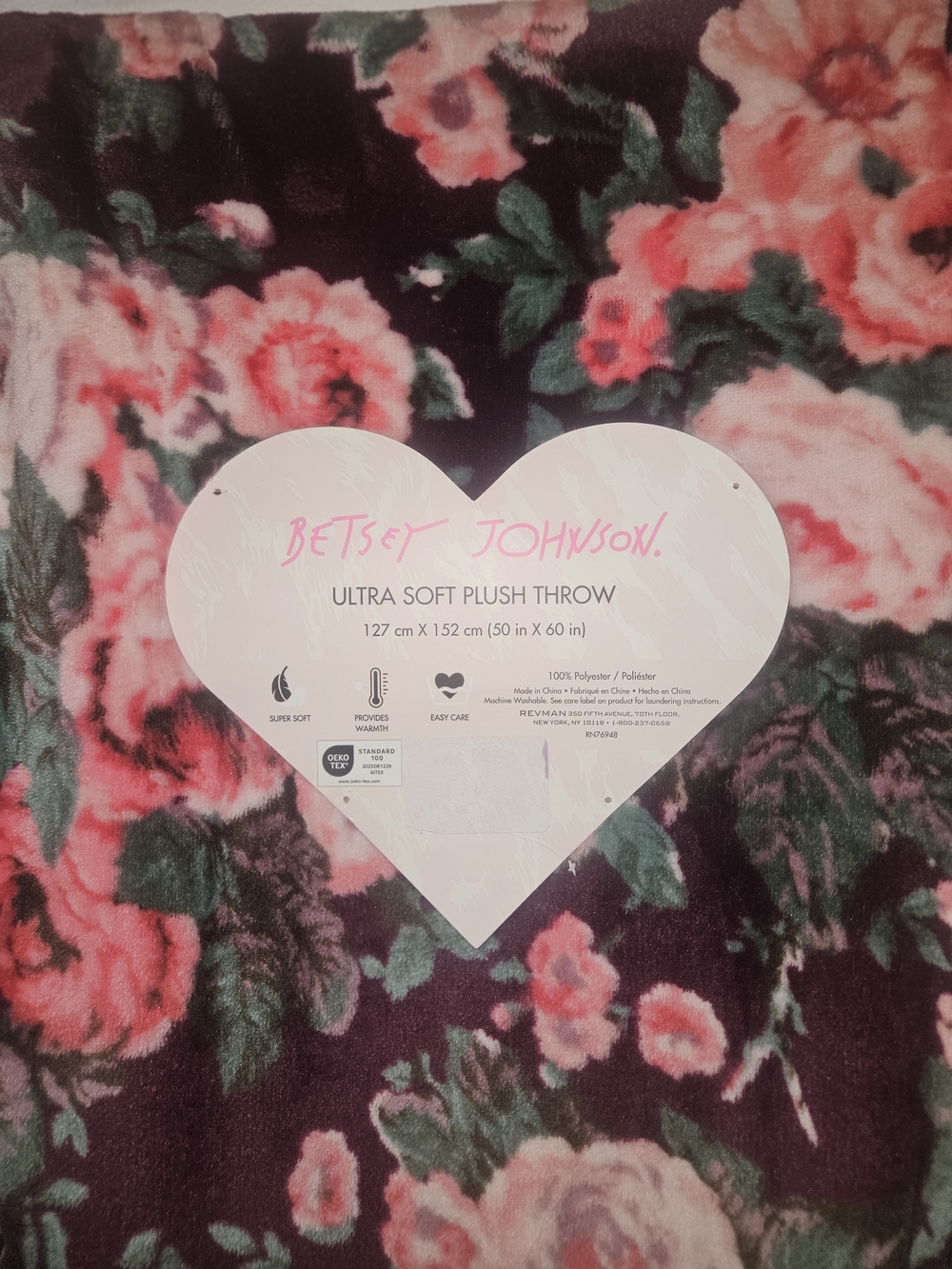 Betsey Johnson Ultra Soft Plush Throw - Floral Pink on Burgundy